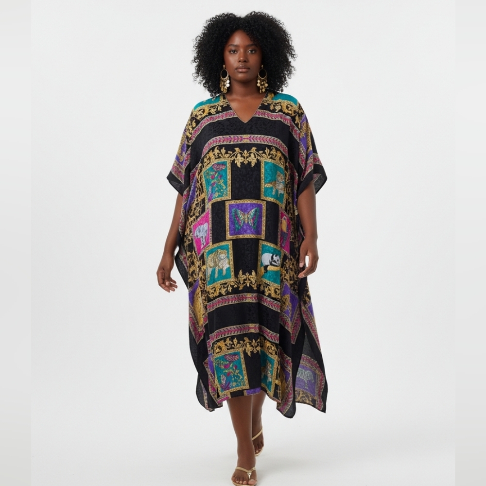 Ruth Norman Vintage Neiman Marcus Colorful Animal Print Kaftan Caftan Dress OS